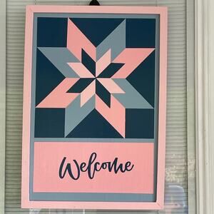 Hand Painted Star Barn Quilt: Pink & Blue Welcome Sign Beach